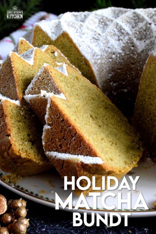 This bundt is green for the holidays! If you've never baked a cake with matcha, you must do it immediately!  The earthly, slightly bitter taste of matcha is balanced with the addition of sugar and vanilla.  This cake is one of my personal favourites! #matcha #bundt #holiday #cake