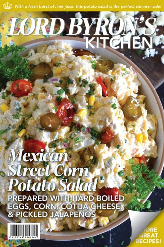 Chopped potatoes are tossed with sweet corn, spicy jalapenos, boiled eggs, fresh green and red onions, and salty cotija cheese to create this most delicious Mexican Street Corn Potato Salad! With its creamy, zingy, and tart dressing, this potato salad will most definitely be the most popular side at any backyard barbecue this summer! #salad #potato #streetcorn #mexican #cotija
