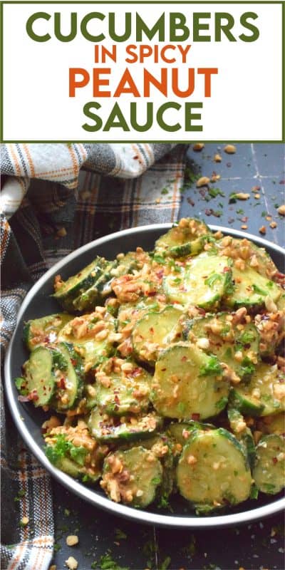 Fresh cucumbers are sliced and tossed in a quick and easy homemade nutty, salty, creamy, spicy, and garlicky sauce.  Toasting the peanuts first and combining them with peanut butter, soy sauce, and rice vinegar makes a delicious cold side, salad, or snack.  Serve at room temperature immediately after preparing for the best results! #cucumber #peanut #peanutbutter #peanutsauce #salad #spicy