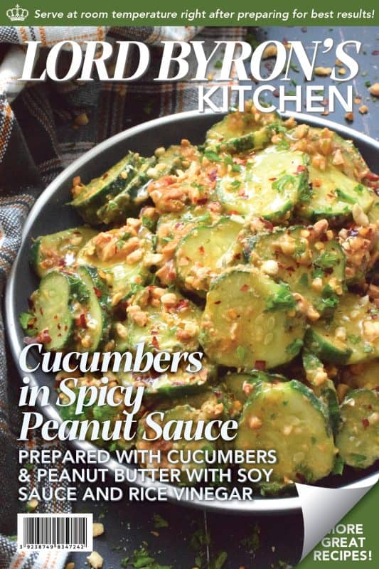 Fresh cucumbers are sliced and tossed in a quick and easy homemade nutty, salty, creamy, spicy, and garlicky sauce.  Toasting the peanuts first and combining them with peanut butter, soy sauce, and rice vinegar makes a delicious cold side, salad, or snack.  Serve at room temperature immediately after preparing for the best results! #cucumber #peanut #peanutbutter #peanutsauce #salad #spicy