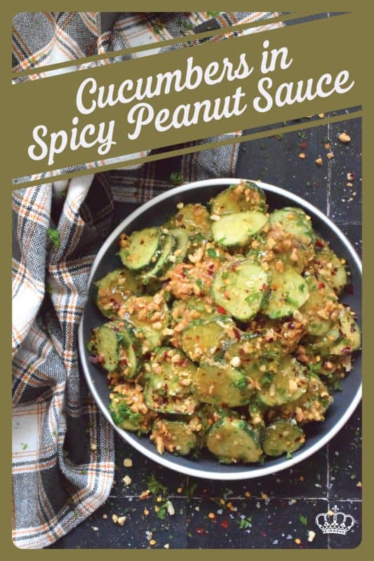 Fresh cucumbers are sliced and tossed in a quick and easy homemade nutty, salty, creamy, spicy, and garlicky sauce.  Toasting the peanuts first and combining them with peanut butter, soy sauce, and rice vinegar makes a delicious cold side, salad, or snack.  Serve at room temperature immediately after preparing for the best results! #cucumber #peanut #peanutbutter #peanutsauce #salad #spicy