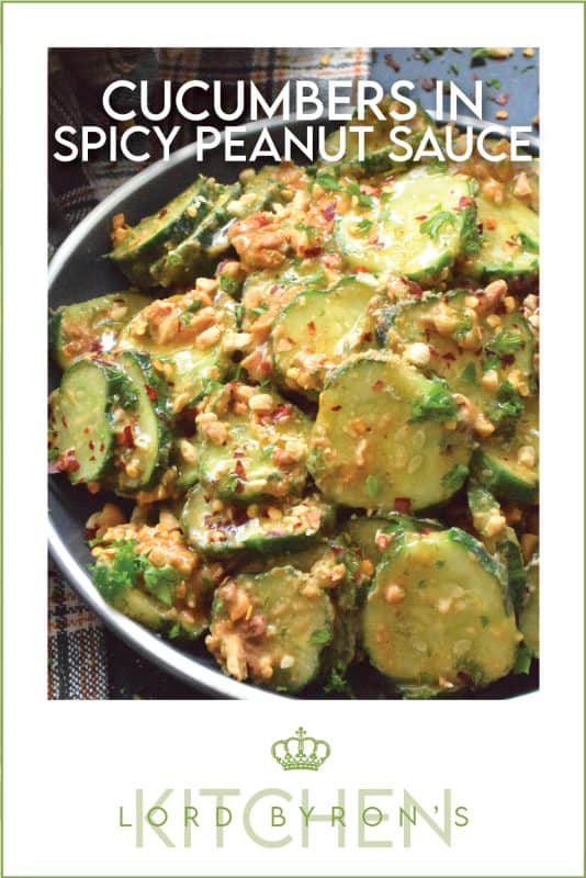 Fresh cucumbers are sliced and tossed in a quick and easy homemade nutty, salty, creamy, spicy, and garlicky sauce.  Toasting the peanuts first and combining them with peanut butter, soy sauce, and rice vinegar makes a delicious cold side, salad, or snack.  Serve at room temperature immediately after preparing for the best results! #cucumber #peanut #peanutbutter #peanutsauce #salad #spicy