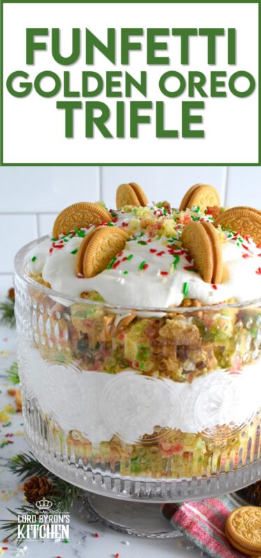 Starting with a homemade vanilla funfetti cake, this Funfetti Golden Oreo Trifle is layered with light and fluffy whipped cream, festive sprinkles, and crushed Oreo cookies. Put a smile on everyone's face with this deliciously gorgeous and easy Christmas dessert! #trifle #oreo #funfetti #sprinkles