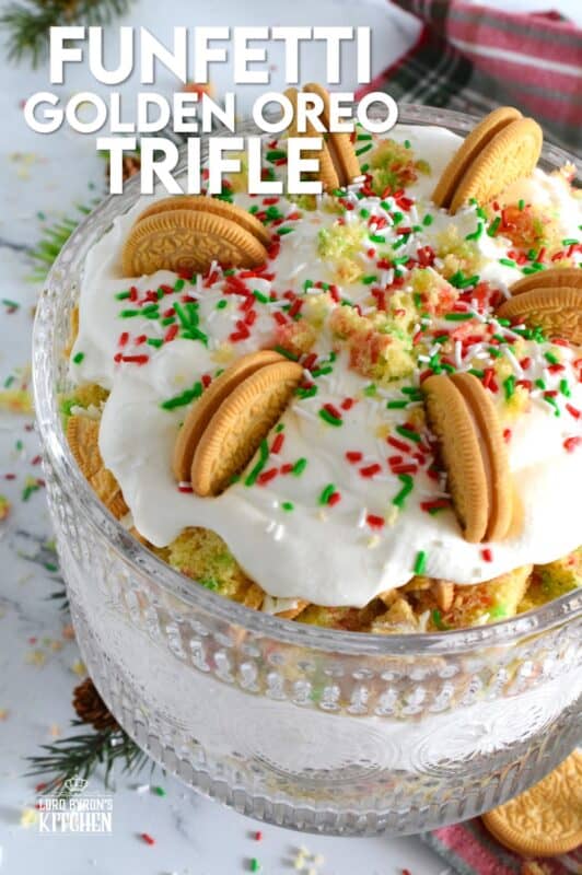 Starting with a homemade vanilla funfetti cake, this Funfetti Golden Oreo Trifle is layered with light and fluffy whipped cream, festive sprinkles, and crushed Oreo cookies. Put a smile on everyone's face with this deliciously gorgeous and easy Christmas dessert! #trifle #oreo #funfetti #sprinkles