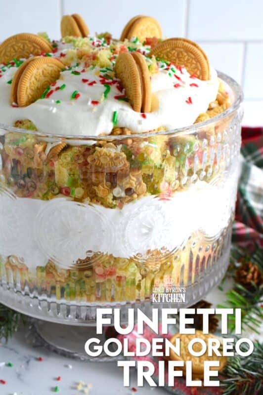 Starting with a homemade vanilla funfetti cake, this Funfetti Golden Oreo Trifle is layered with light and fluffy whipped cream, festive sprinkles, and crushed Oreo cookies. Put a smile on everyone's face with this deliciously gorgeous and easy Christmas dessert! #trifle #oreo #funfetti #sprinkles