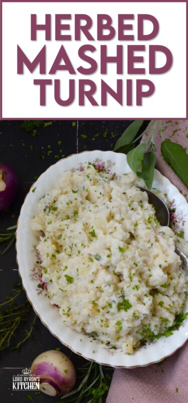 Swap out potatoes for turnips and lower both the calories and the carbs without compromising on taste! Herbed Mashed Turnip is rustic and simple, but the flavour suggests otherwise! Ground nutmeg and fresh herbs like rosemary, thyme, and sage will have you making this side over and over again! #turnip #side #mashed #veggies #thanksgiving