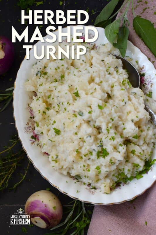 Swap out potatoes for turnips and lower both the calories and the carbs without compromising on taste! Herbed Mashed Turnip is rustic and simple, but the flavour suggests otherwise! Ground nutmeg and fresh herbs like rosemary, thyme, and sage will have you making this side over and over again! #turnip #side #mashed #veggies #thanksgiving