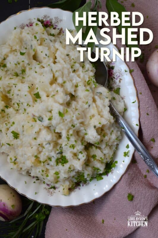 Swap out potatoes for turnips and lower both the calories and the carbs without compromising on taste! Herbed Mashed Turnip is rustic and simple, but the flavour suggests otherwise! Ground nutmeg and fresh herbs like rosemary, thyme, and sage will have you making this side over and over again! #turnip #side #mashed #veggies #thanksgiving
