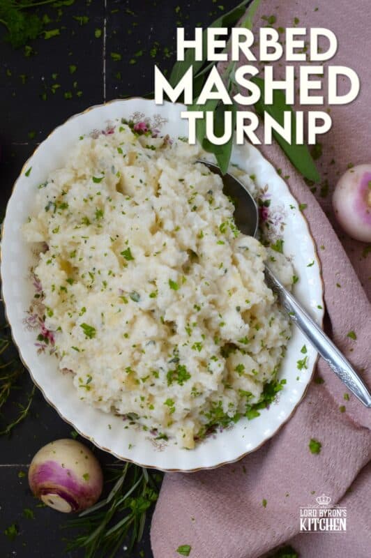Swap out potatoes for turnips and lower both the calories and the carbs without compromising on taste! Herbed Mashed Turnip is rustic and simple, but the flavour suggests otherwise! Ground nutmeg and fresh herbs like rosemary, thyme, and sage will have you making this side over and over again! #turnip #side #mashed #veggies #thanksgiving