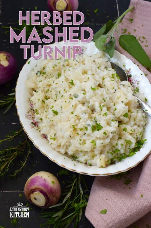 Swap out potatoes for turnips and lower both the calories and the carbs without compromising on taste! Herbed Mashed Turnip is rustic and simple, but the flavour suggests otherwise! Ground nutmeg and fresh herbs like rosemary, thyme, and sage will have you making this side over and over again! #turnip #side #mashed #veggies #thanksgiving