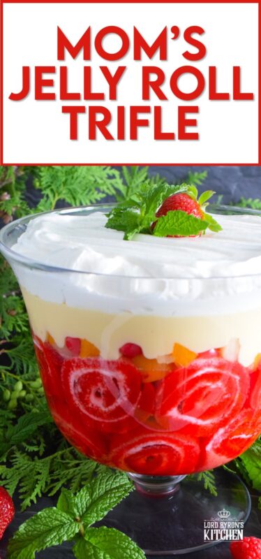 Mom's Jelly Roll Trifle starts with a store-bought raspberry jelly roll that is sliced and layered with raspberry jello, custard, fruit cocktail, and dream whip.  This uncomplicated dessert, with its humble beginnings, is how I remember my mom's deliciously satisfying Sunday trifle. #trifle #cocktail #jellyroll #dessert