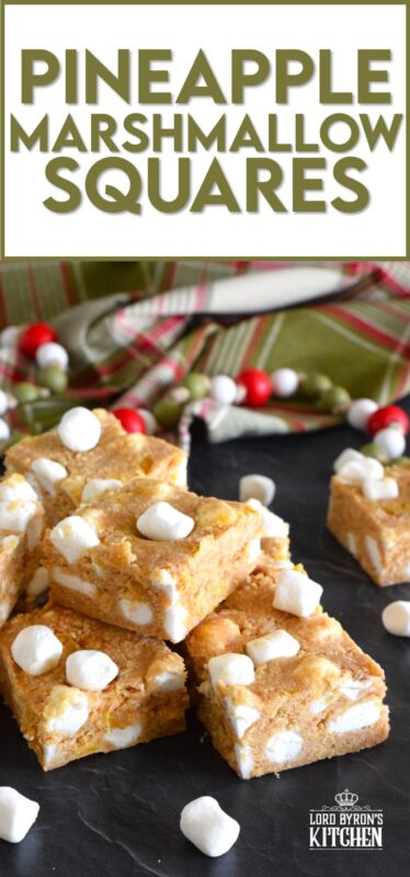This no-bake recipe requires only four ingredients and about ten minutes of your time. Pineapple Marshmallow Squares are soft, moist, and chewy. They are great for freezing and can be prepared weeks or even months in advance! Optionally, add a splash of rum for a Christmas in the tropics flair! #pineapple #arrowroot #squares #bars #nobake