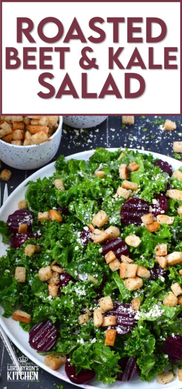 This salad is for my fellow beet lovers! Roasted Beet and Kale Salad is purposely made with very few ingredients so that the flavour of the beets is not masked. Roasted beets are tossed with crunchy, chopped kale, grated asiago cheese, croutons, and a lemon-based vinaigrette. #kale #beets #roasted #salad