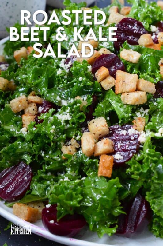 This salad is for my fellow beet lovers! Roasted Beet and Kale Salad is purposely made with very few ingredients so that the flavour of the beets is not masked. Roasted beets are tossed with crunchy, chopped kale, grated asiago cheese, croutons, and a lemon-based vinaigrette. #kale #beets #roasted #salad