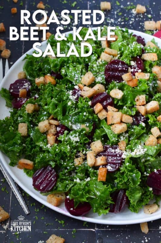 This salad is for my fellow beet lovers! Roasted Beet and Kale Salad is purposely made with very few ingredients so that the flavour of the beets is not masked. Roasted beets are tossed with crunchy, chopped kale, grated asiago cheese, croutons, and a lemon-based vinaigrette. #kale #beets #roasted #salad