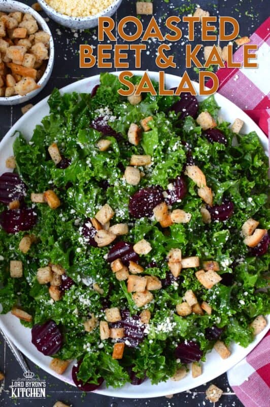 This salad is for my fellow beet lovers! Roasted Beet and Kale Salad is purposely made with very few ingredients so that the flavour of the beets is not masked. Roasted beets are tossed with crunchy, chopped kale, grated asiago cheese, croutons, and a lemon-based vinaigrette. #kale #beets #roasted #salad