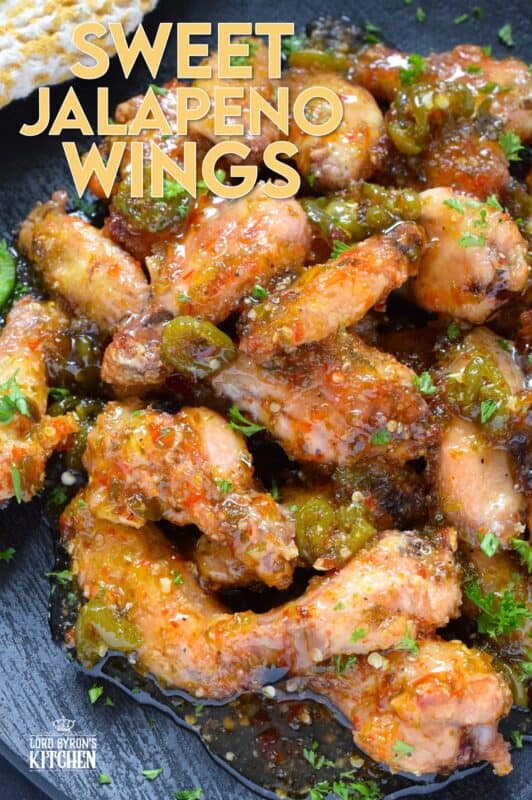The wings are first baked to perfection with a crispy coating and a tender and juicy interior before being tossed in a thick, sweet, spicy, and sticky sauce. Sweet Jalapeno Wings are drenched in sauce, so be sure to have napkins close by! The combination of jalapenos with brown sugar, vinegar, and seasonings is simply wonderful! #chicken #wings #jalapeno #sticky #sweet #sauce