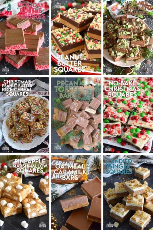When it comes to baked holiday confections, any cookie in the form of a bar or square always seems to taste a little better than a round cookie. Mostly, this is attributed to the fact that bars and squares have layers or frosting, making the flavours more complex and delicious. 12 Bars and Squares of Christmas - Volume 2 is a collection with at least one for every taste or preference! #collection #nobake #christmas #holiday #squares #bars