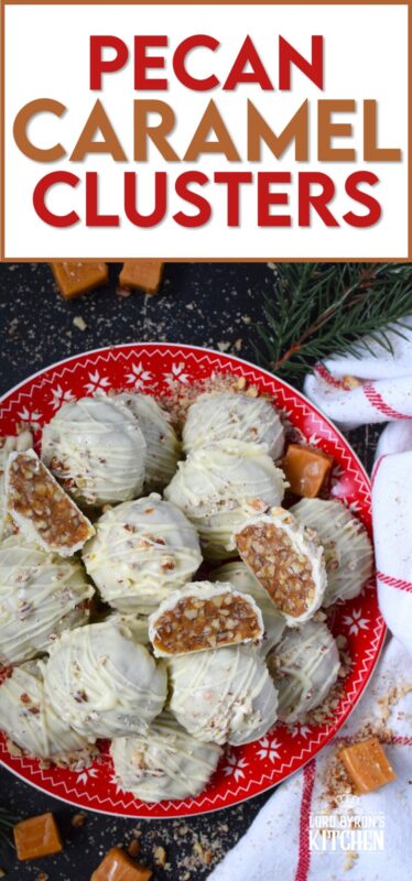 The combination of caramel candy, toasted pecans, and white chocolate make up these Pecan Caramel Clusters.  They are a no-bake confection that requires just a few ingredients and hardly any skill at all! These clusters are rich and decadent - just as they should be at Christmastime! #caramel #pecan #kraft #chocolates #clusters #nobake
