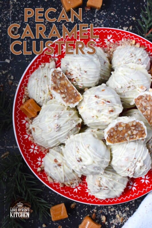 The combination of caramel candy, toasted pecans, and white chocolate make up these Pecan Caramel Clusters.  They are a no-bake confection that requires just a few ingredients and hardly any skill at all! These clusters are rich and decadent - just as they should be at Christmastime! #caramel #pecan #kraft #chocolates #clusters #nobake