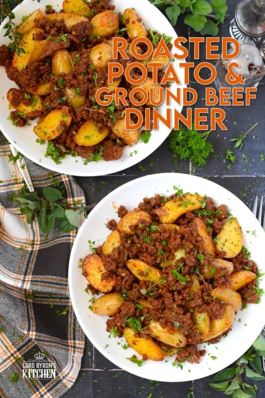 Perfectly seasoned and cooked ground beef is coupled with roasted baby potatoes.  This simple meat and potatoes dinner can be on the table in about 30 minutes or less!  Prepared with tomato paste and aromatics like garlic and onion, Roasted Potatoes and Ground Beef Dinner is an easy and delicious weeknight supper! #roastedpotatoes #groundbeef #dinner #meatandpotatoes