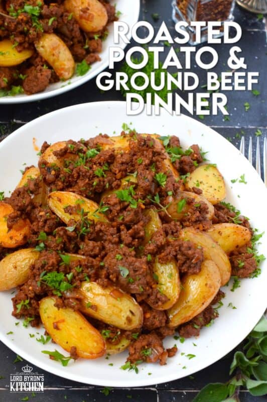 Perfectly seasoned and cooked ground beef is coupled with roasted baby potatoes.  This simple meat and potatoes dinner can be on the table in about 30 minutes or less!  Prepared with tomato paste and aromatics like garlic and onion, Roasted Potatoes and Ground Beef Dinner is an easy and delicious weeknight supper! #roastedpotatoes #groundbeef #dinner #meatandpotatoes