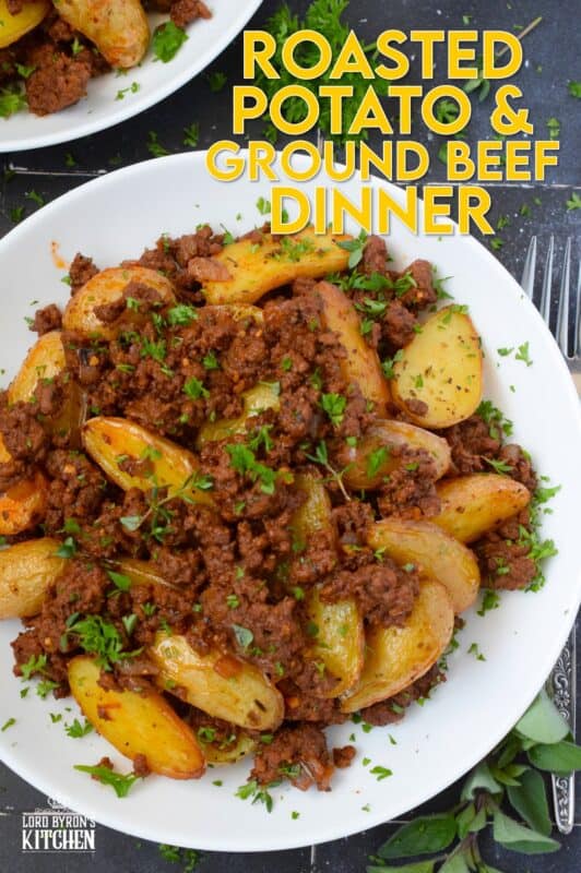 Perfectly seasoned and cooked ground beef is coupled with roasted baby potatoes.  This simple meat and potatoes dinner can be on the table in about 30 minutes or less!  Prepared with tomato paste and aromatics like garlic and onion, Roasted Potatoes and Ground Beef Dinner is an easy and delicious weeknight supper! #roastedpotatoes #groundbeef #dinner #meatandpotatoes