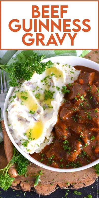 Loaded with chuck beef roast and slow-cooked with carrots, onion, and celery, this Beef Guinness Gravy is almost a complete meal on its own! Looking for a delicious, hearty meal that's easy to prepare? Serve this savoury, beer-infused gravy with your favourite mashed buttery potatoes! #guinness #gravy #beef #beer