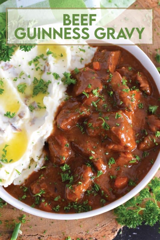 Loaded with chuck beef roast and slow-cooked with carrots, onion, and celery, this Beef Guinness Gravy is almost a complete meal on its own! Looking for a delicious, hearty meal that's easy to prepare? Serve this savoury, beer-infused gravy with your favourite mashed buttery potatoes! #guinness #gravy #beef #beer