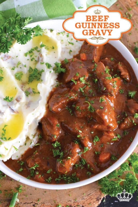 Loaded with chuck beef roast and slow-cooked with carrots, onion, and celery, this Beef Guinness Gravy is almost a complete meal on its own! Looking for a delicious, hearty meal that's easy to prepare? Serve this savoury, beer-infused gravy with your favourite mashed buttery potatoes! #guinness #gravy #beef #beer