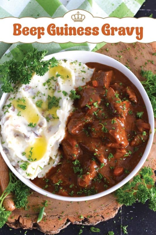 Loaded with chuck beef roast and slow-cooked with carrots, onion, and celery, this Beef Guinness Gravy is almost a complete meal on its own! Looking for a delicious, hearty meal that's easy to prepare? Serve this savoury, beer-infused gravy with your favourite mashed buttery potatoes! #guinness #gravy #beef #beer