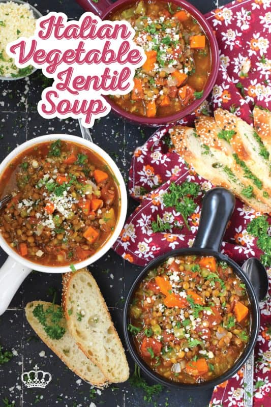 Italian Vegetable Lentil Soup is in fact more like a stew than a soup! It has a homestyle tomato flavour combined with the heartiness of tender, cooked lentils, and is paired with lots of fresh and good-for-you vegetables too. Top with grated parmesan and serve with crusty bread! #lentils #vegetable #soup #italian #parmesan