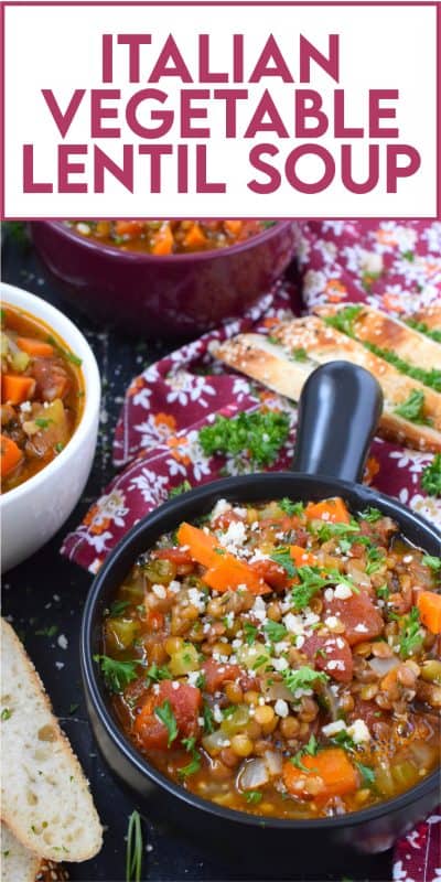 Italian Vegetable Lentil Soup is in fact more like a stew than a soup! It has a homestyle tomato flavour combined with the heartiness of tender, cooked lentils, and is paired with lots of fresh and good-for-you vegetables too. Top with grated parmesan and serve with crusty bread! #lentils #vegetable #soup #italian #parmesan