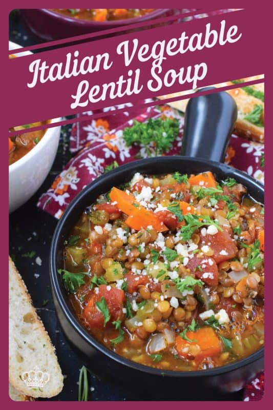 Italian Vegetable Lentil Soup is in fact more like a stew than a soup! It has a homestyle tomato flavour combined with the heartiness of tender, cooked lentils, and is paired with lots of fresh and good-for-you vegetables too. Top with grated parmesan and serve with crusty bread! #lentils #vegetable #soup #italian #parmesan