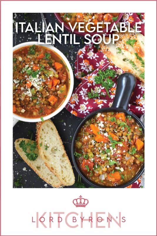 Italian Vegetable Lentil Soup is in fact more like a stew than a soup! It has a homestyle tomato flavour combined with the heartiness of tender, cooked lentils, and is paired with lots of fresh and good-for-you vegetables too. Top with grated parmesan and serve with crusty bread! #lentils #vegetable #soup #italian #parmesan