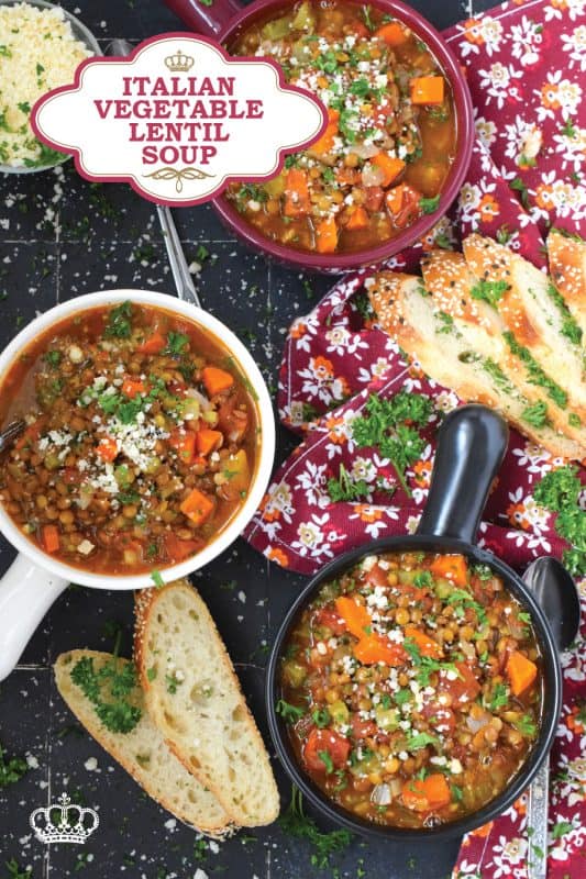 Italian Vegetable Lentil Soup is in fact more like a stew than a soup! It has a homestyle tomato flavour combined with the heartiness of tender, cooked lentils, and is paired with lots of fresh and good-for-you vegetables too. Top with grated parmesan and serve with crusty bread! #lentils #vegetable #soup #italian #parmesan