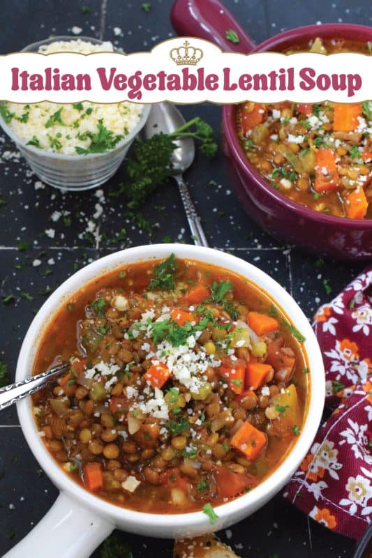 Italian Vegetable Lentil Soup is in fact more like a stew than a soup! It has a homestyle tomato flavour combined with the heartiness of tender, cooked lentils, and is paired with lots of fresh and good-for-you vegetables too. Top with grated parmesan and serve with crusty bread! #lentils #vegetable #soup #italian #parmesan