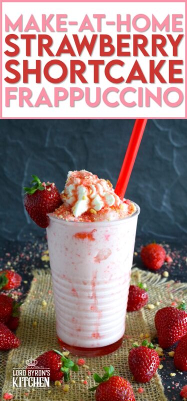 A frappuccino from Starbucks is one of my guilty pleasures, however, the rising cost of such pleasures has me learning how to make them at home for a fraction of the cost. This Strawberry Shortcake Frappuccino is prepared with homemade strawberry shortcake crumbs, milk, ice, vanilla extract, strawberry syrup, and whipped cream. It's even more delicious than it looks! #strawberry #shortcake #frappuccino #summer #frosty