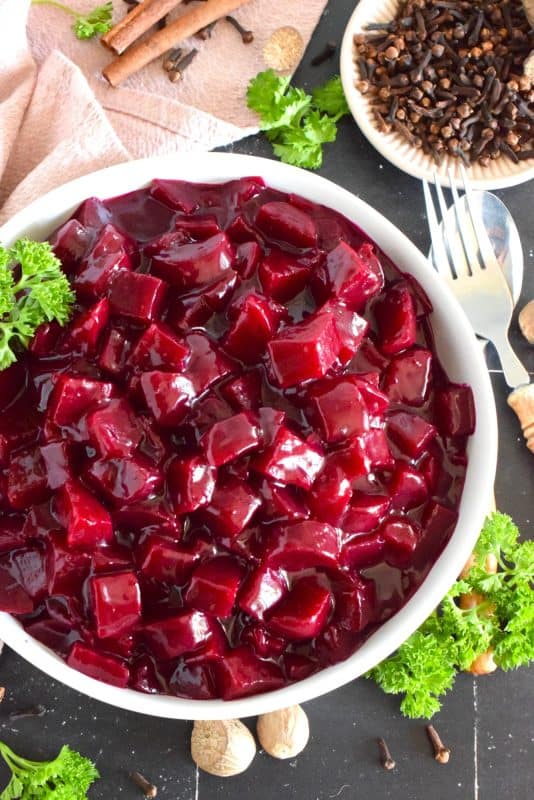 Harvard beets were a classic staple in our home when I was a child. My mom would purchase them in a can from the store and never ventured to prepare her own even though fresh beets were on hand in late summer.  Serve these as a side or as a condiment and you will not be disappointed! #beets #harvard #roasted #side