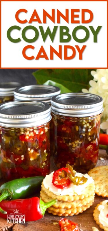 There are several types of canned jalapeno recipes that use up my summer jalapeno harvest, but Canned Cowboy Candy is my favourite! The jalapenos are boiled in a thick syrupy brine to draw out much of the moisture which results in a slighty chewy, sweet and spicy, delicously addicting candy-like treat that tastes great on just about everything! #canned #preserved #jalapeno #jalapenos #cowboy #candy