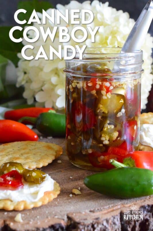 There are several types of canned jalapeno recipes that use up my summer jalapeno harvest, but Canned Cowboy Candy is my favourite! The jalapenos are boiled in a thick syrupy brine to draw out much of the moisture which results in a slighty chewy, sweet and spicy, delicously addicting candy-like treat that tastes great on just about everything! #canned #preserved #jalapeno #jalapenos #cowboy #candy