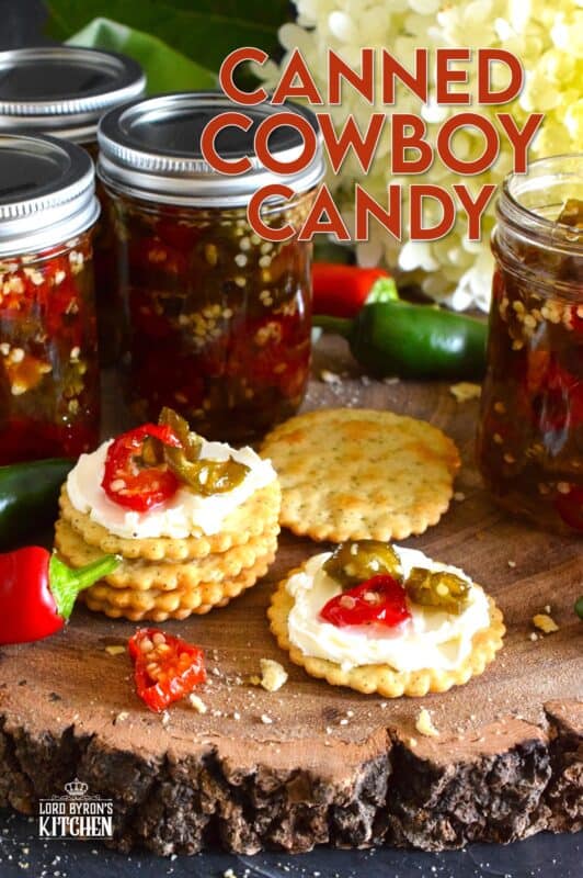 There are several types of canned jalapeno recipes that use up my summer jalapeno harvest, but Canned Cowboy Candy is my favourite! The jalapenos are boiled in a thick syrupy brine to draw out much of the moisture which results in a slighty chewy, sweet and spicy, delicously addicting candy-like treat that tastes great on just about everything! #canned #preserved #jalapeno #jalapenos #cowboy #candy