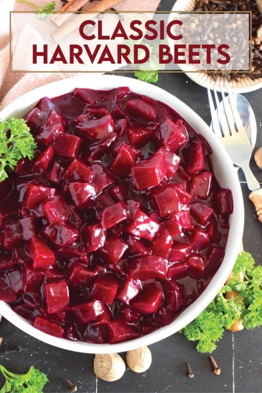 Harvard beets were a classic staple in our home when I was a child. My mom would purchase them in a can from the store and never ventured to prepare her own even though fresh beets were on hand in late summer.  Serve these as a side or as a condiment and you will not be disappointed! #beets #harvard #roasted #side