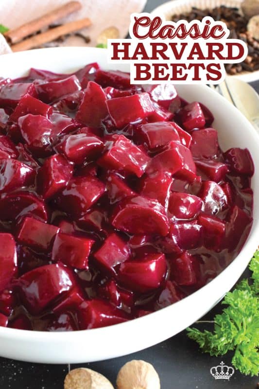 Harvard beets were a classic staple in our home when I was a child. My mom would purchase them in a can from the store and never ventured to prepare her own even though fresh beets were on hand in late summer.  Serve these as a side or as a condiment and you will not be disappointed! #beets #harvard #roasted #side