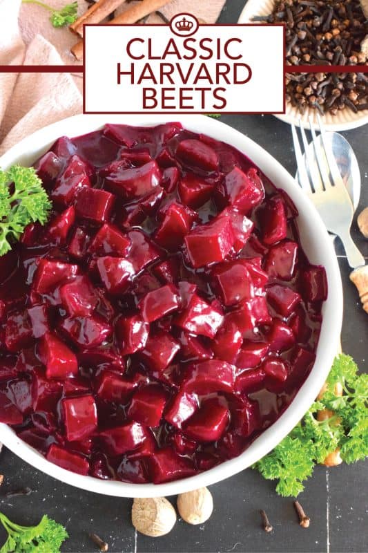 Harvard beets were a classic staple in our home when I was a child. My mom would purchase them in a can from the store and never ventured to prepare her own even though fresh beets were on hand in late summer.  Serve these as a side or as a condiment and you will not be disappointed! #beets #harvard #roasted #side