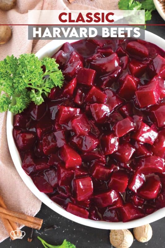 Harvard beets were a classic staple in our home when I was a child. My mom would purchase them in a can from the store and never ventured to prepare her own even though fresh beets were on hand in late summer.  Serve these as a side or as a condiment and you will not be disappointed! #beets #harvard #roasted #side