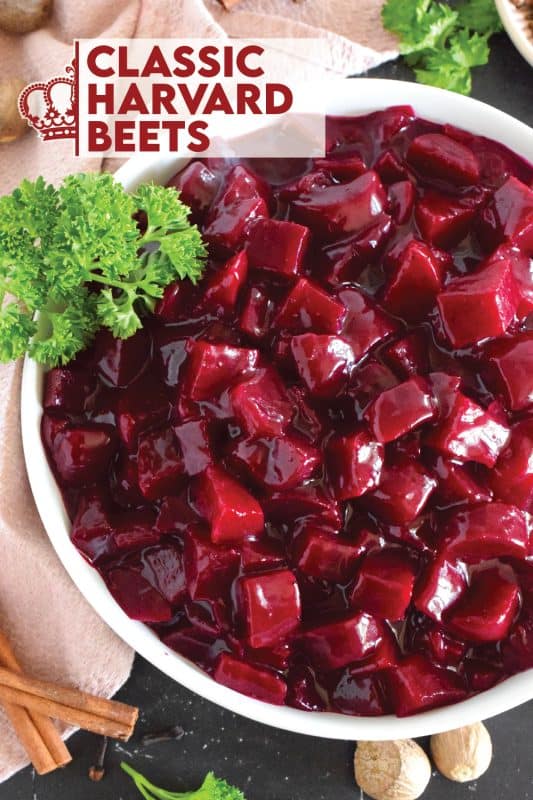 Harvard beets were a classic staple in our home when I was a child. My mom would purchase them in a can from the store and never ventured to prepare her own even though fresh beets were on hand in late summer.  Serve these as a side or as a condiment and you will not be disappointed! #beets #harvard #roasted #side