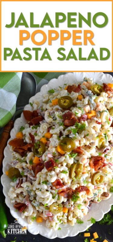 It cannot be called a Jalapeno Popper Pasta Salad if it isn't loaded with jalapenos, bacon, and cheese! To make this salad even better, add a good splash of pickled jalapeno juice to the dressing! Make this salad ahead of time and store it in your fridge until ready to serve! #jalapeno #popper #salad #pastasalad #pasta #bbq
