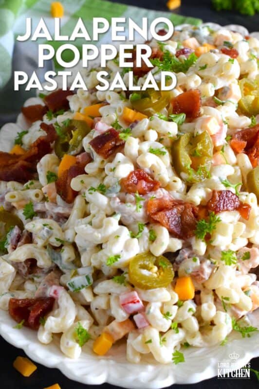 It cannot be called a Jalapeno Popper Pasta Salad if it isn't loaded with jalapenos, bacon, and cheese! To make this salad even better, add a good splash of pickled jalapeno juice to the dressing! Make this salad ahead of time and store it in your fridge until ready to serve! #jalapeno #popper #salad #pastasalad #pasta #bbq