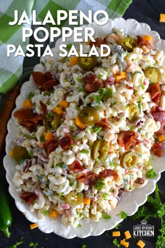 It cannot be called a Jalapeno Popper Pasta Salad if it isn't loaded with jalapenos, bacon, and cheese! To make this salad even better, add a good splash of pickled jalapeno juice to the dressing! Make this salad ahead of time and store it in your fridge until ready to serve! #jalapeno #popper #salad #pastasalad #pasta #bbq